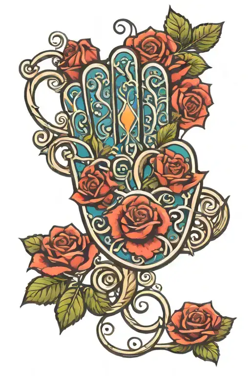 Amazing Hamsa hand holding a rose vine tattoo design idea