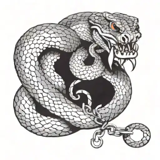 snake head biting own tail with ball and chain wrapping around tail tattoo design idea