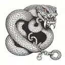snake head biting own tail with ball and chain wrapping around tail tattoo design idea