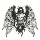 a winged person with half of them being a demon in a dark and evil background and the other half an angel in a light and tattoo design idea