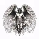 a winged person with half of them being a demon in a dark and evil background and the other half an angel in a light and tattoo design idea