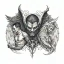 a winged person with half of them being a demon in a dark and evil background and the other half an angel in a light and tattoo design idea