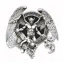 a winged person with half of them being a demon in a dark and evil background and the other half an angel in a light and tattoo design idea