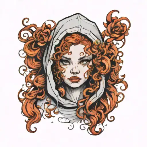 girl with curly red hair wearing a hoodie tattoo design idea