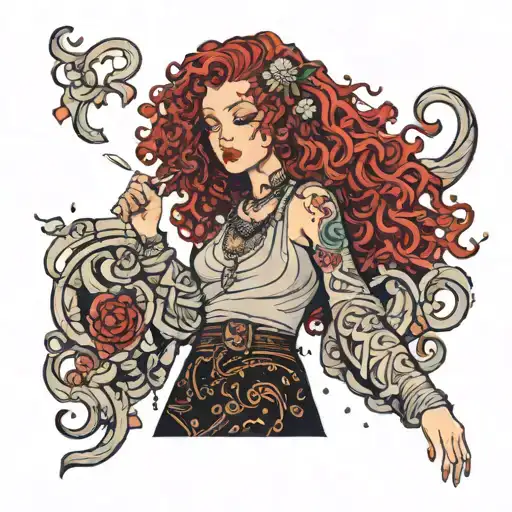 girl with curly red hair wearing glittery long skirt tattoo design idea