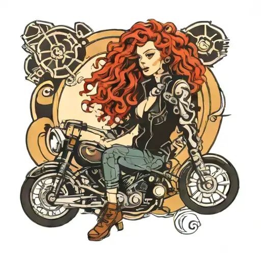girl with curly red hair wearing biker clothes tattoo design idea