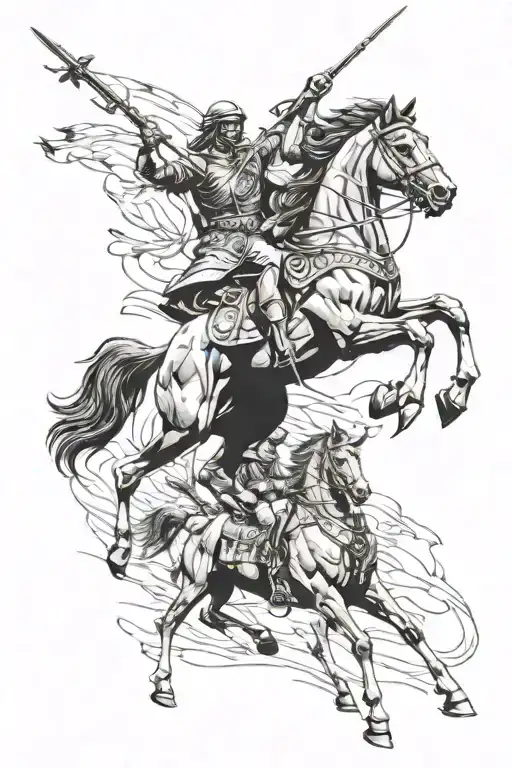 2 large horse back armies about to engage in a war in old egyptian style tattoo design idea
