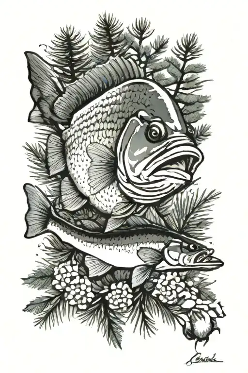 Bass fish, pine trees tattoo design idea