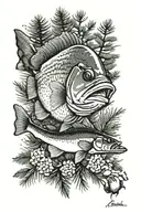 Bass fish, pine trees tattoo design idea
