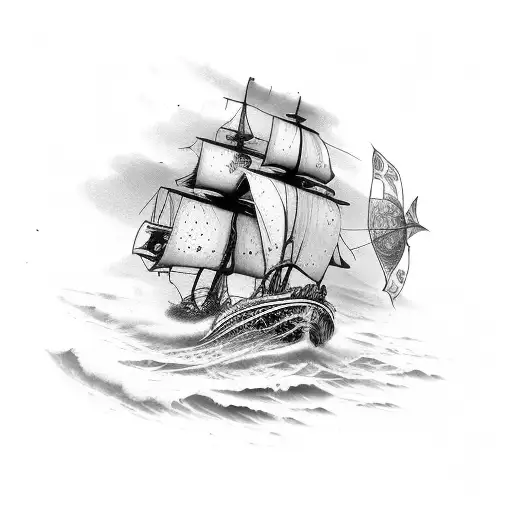 beateau 3 mats dechiré avec carte maritime tattoo design idea