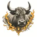 charging bull with flames upper chest  tattoo design idea