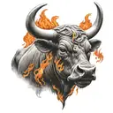 charging bull with flames upper chest  tattoo design idea