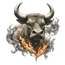 charging bull with flames upper chest  tattoo design idea