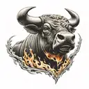 charging bull with flames upper chest  tattoo design idea