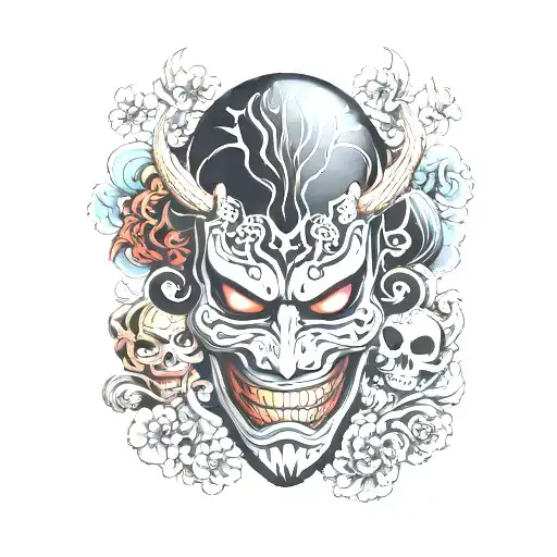 japanese shinigami mask surrounded tattoo design idea