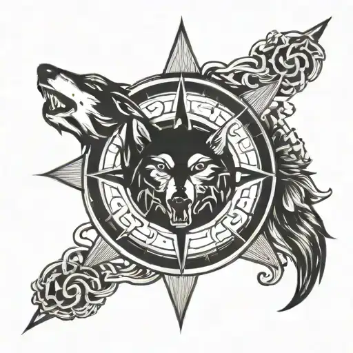 viking compass with wolf head tattoo design idea