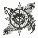 viking compass with wolf head tattoo design idea