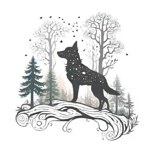 A dreamy forest scene with a silhouette of a dog blending into the trees tattoo design idea