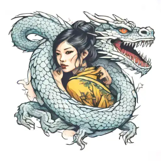 asian girl wrapped by a dragon on cosmic background    tattoo design idea