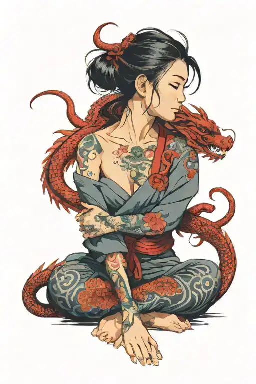 asian girl wrapped by a red dragon tattoo design idea