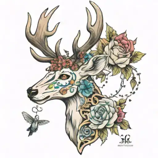 Deer antlers with flowers with a bull skull and a wolf sleeve add hummingbirds and bees and bobwire tattoo sleeve tattoo design idea