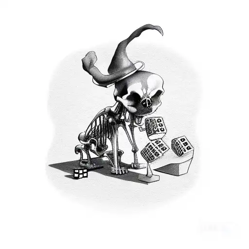 A skeletal dog playing a board game with a group of ghostly figures tattoo design idea