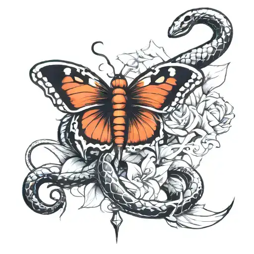 Create a tattoo design that has a snake wrapped around a scorpian dagger and a its tail wrapped around a lily  tattoo design idea