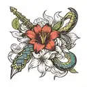 Create a tattoo design that has a snake wrapped around a scorpian dagger and a its tail wrapped around a lily  tattoo design idea