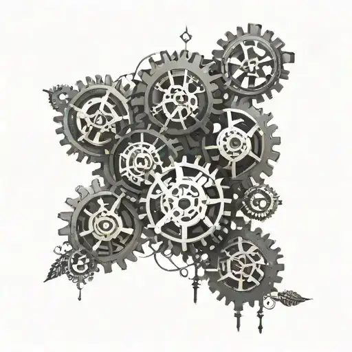 Incorporate gears and mechanical elements into a serene nature scene, symbolizing the balance between technology and tranquility tattoo design idea