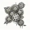 Incorporate gears and mechanical elements into a serene nature scene, symbolizing the balance between technology and tranquility tattoo design idea