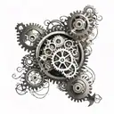 Incorporate gears and mechanical elements into a serene nature scene, symbolizing the balance between technology and tranquility tattoo design idea