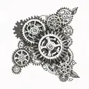 Incorporate gears and mechanical elements into a serene nature scene, symbolizing the balance between technology and tranquility tattoo design idea