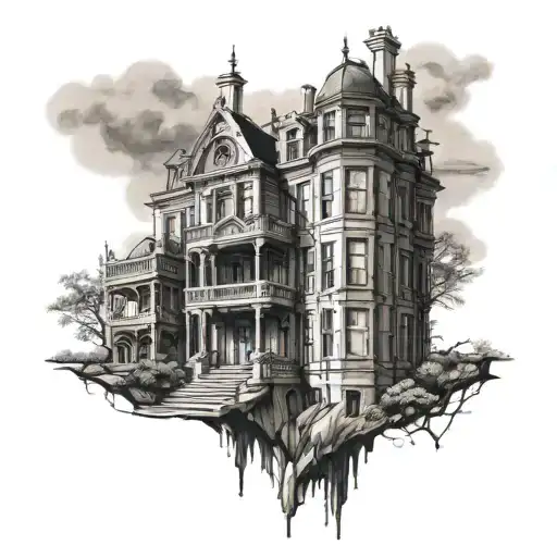 A black-grey tattoo of a modern building design with hidden elements related to Oscar Wilde's happy prince tale. tattoo design idea