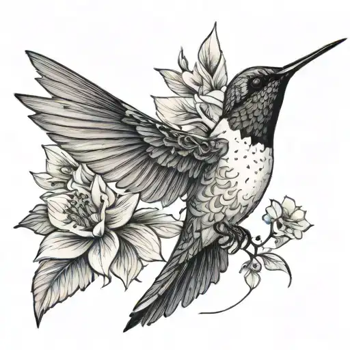 A black-grey tattoo of a modern hummingbird design with hidden elements related to Oscar Wilde's happy prince tale. tattoo design idea