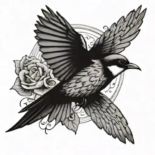 A black-grey tattoo of a modern swallow bird design with hidden elements related to Oscar Wilde's happy prince tale. tattoo design idea
