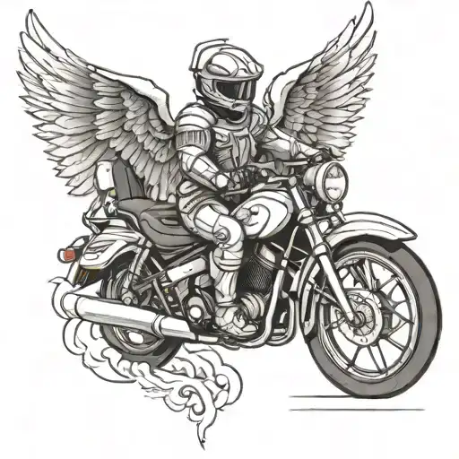 A black and grey tattoo of a guardian angel with wings spread wide, riding a sportbike symbolizing protection and freedom on the road tattoo design idea
