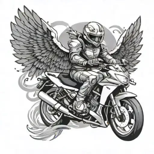 A black and grey tattoo of a guardian angel with wings spread wide, riding a sportbike symbolizing protection and freedom on the road tattoo design idea
