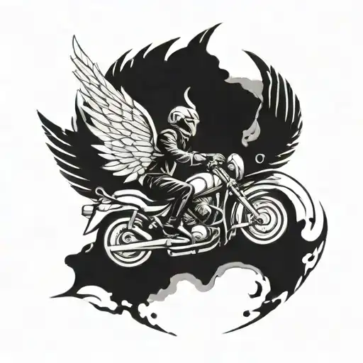 A black and grey tattoo of a guardian angel with wings spread wide, riding a sportbike symbolizing protection and freedom on the road tattoo design idea
