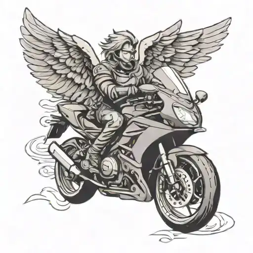 A black and grey tattoo of a guardian angel with wings spread wide, riding a sportbike symbolizing protection and freedom on the road tattoo design idea
