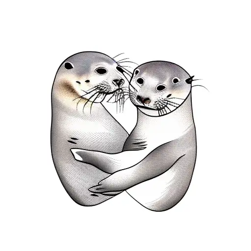 a seal and an otter hugging in heart shape tattoo design idea