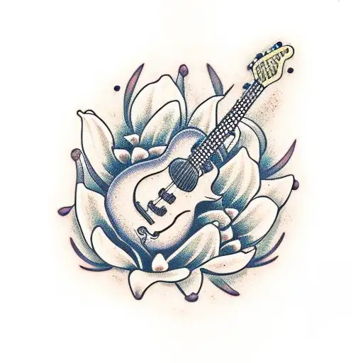 A frog playing a guitar in a field of lilies tattoo design idea