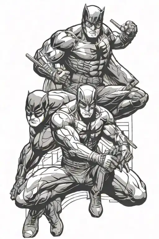 Daredevil and some Marvel superheroes posing together tattoo design idea