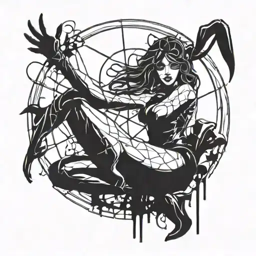 Black Stripper Silhouette with High heels fishnets bunny ears, posing Seductively. thorny blood circle dripping blood tattoo design idea