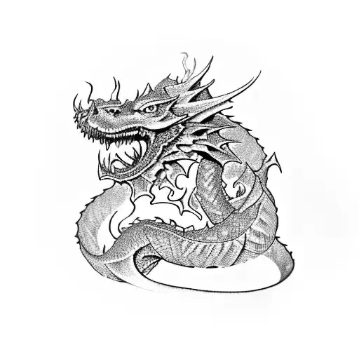 Create a lord of the rings sword with the dragon smaug wrapped around it tattoo design idea
