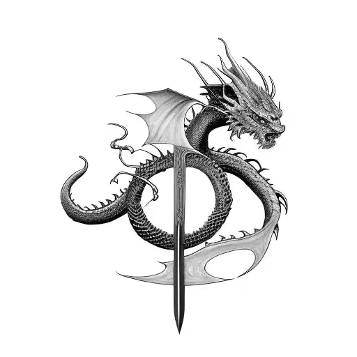 Create a lord of the rings sword with the dragon smaug wrapped around it long to go on my forearm  tattoo design idea