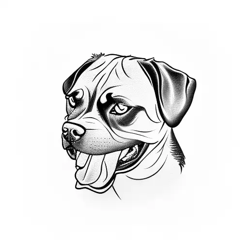 angry Rottweiler with open mouth and red eyes holding a badge tattoo design idea