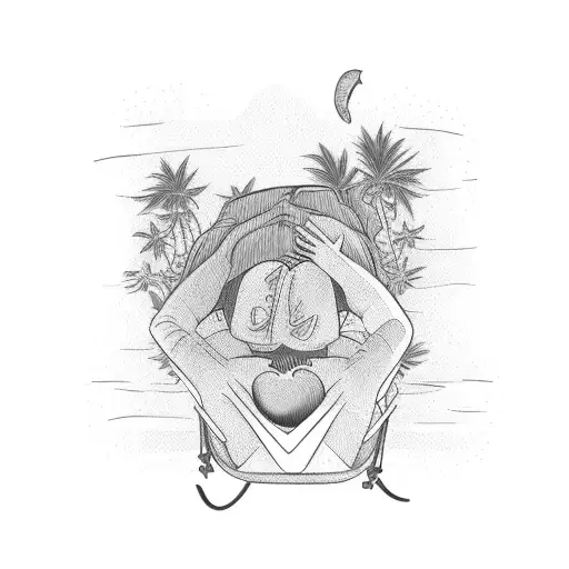 a character lying on a hammock with his head upside down with the hammock the child between two palm trees tattoo design idea