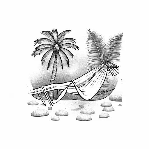 character lying on a hammock between two palm trees tattoo design idea