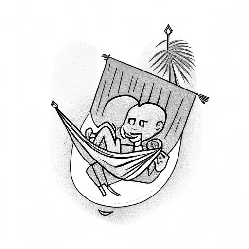 a character lying on a hammock with his head upside down with the hammock the child between two palm trees tattoo design idea