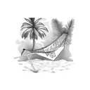 character lying on a hammock between two palm trees tattoo design idea